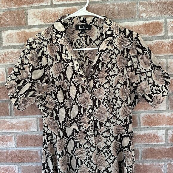 Lulu’s Chic Beige Snakeskin Print Midi Button Up Shirt Dress Small - Picture 4 of 11